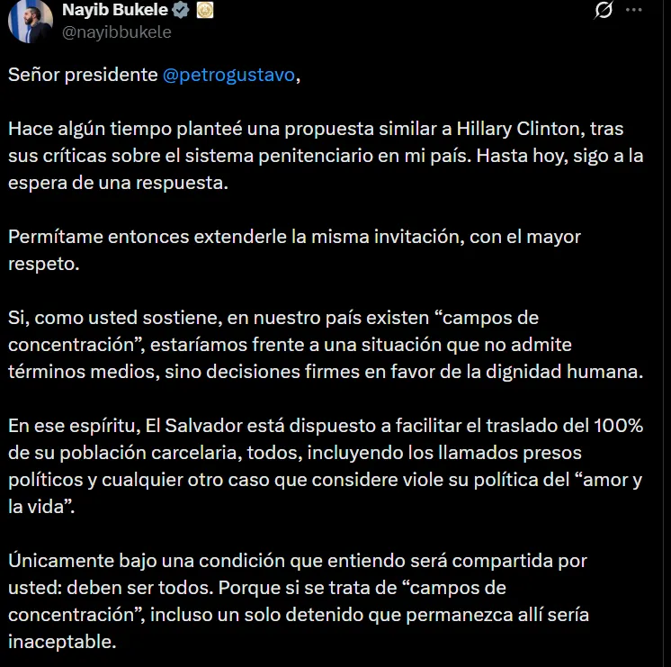 “El Salvador está dispuesto a facilitar el traslado de su población carcelaria a Colombia”, Bukele le respondió a Petro