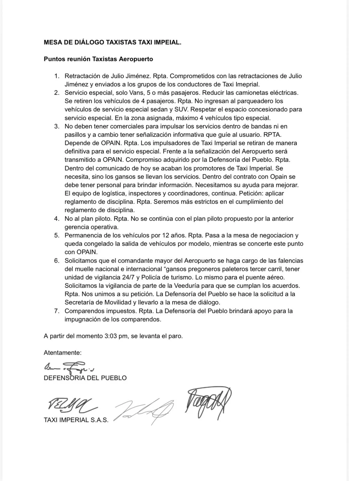 Bloqueos en El Dorado se levataron tras salida del gerente y concesiones de Taxi Imperial al gremio