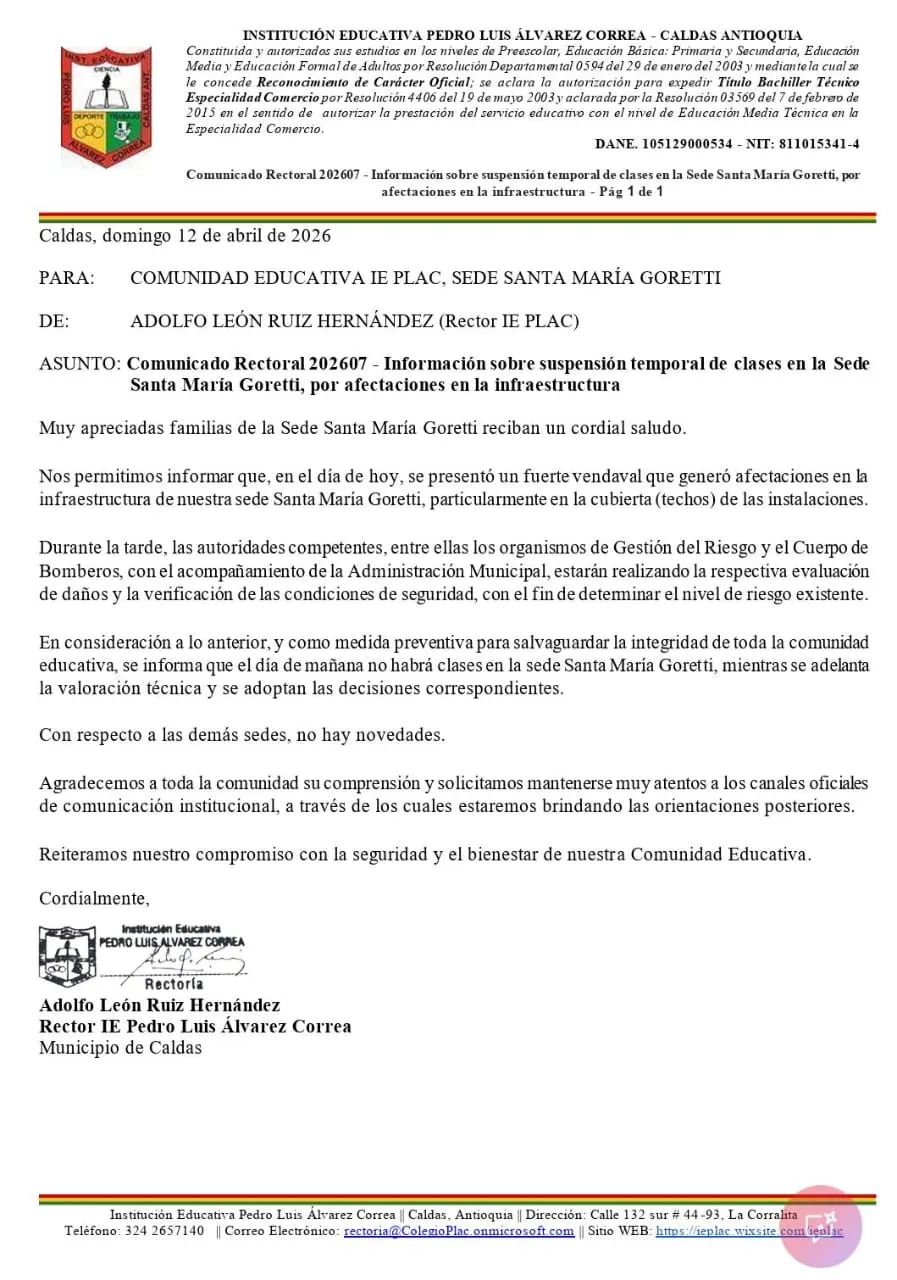 Suspenden clases en sede educativa de Caldas tras vendaval que afectó infraestructura