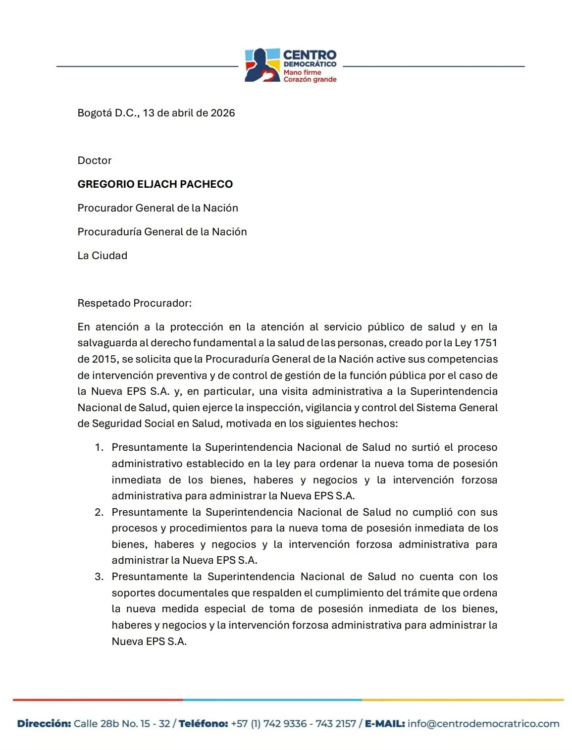 Centro Democrático solicitó intervención de la Procuraduría por caso de la Nueva EPS