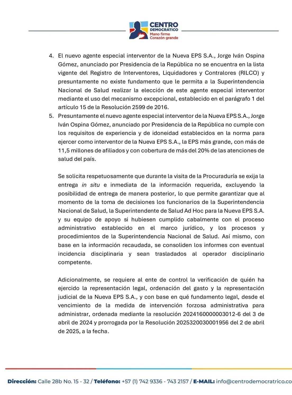 Centro Democrático solicitó intervención de la Procuraduría por caso de la Nueva EPS