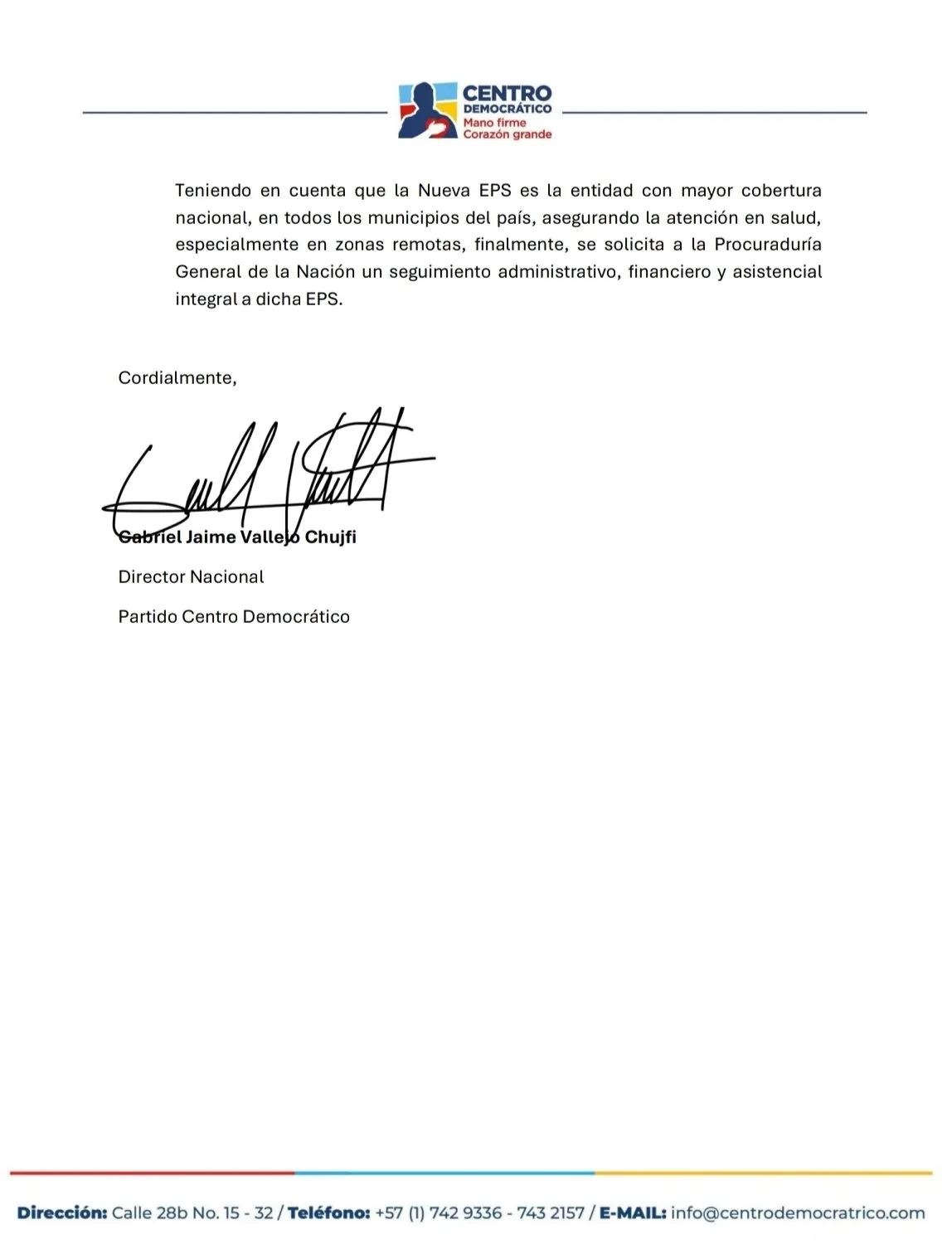 Centro Democrático solicitó intervención de la Procuraduría por caso de la Nueva EPS