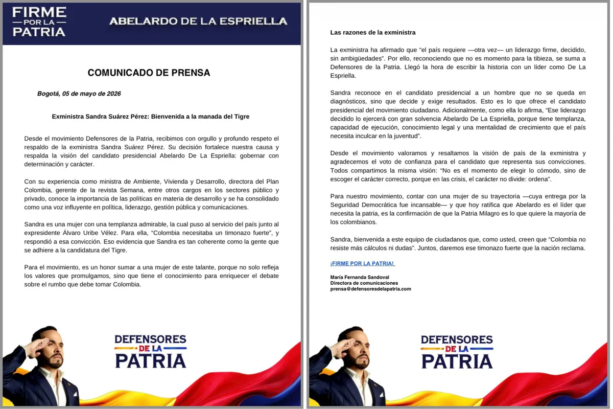 Exministra Sandra Suárez formalizó respaldo a Abelardo De La Espriella y se integró a su campaña presidencial