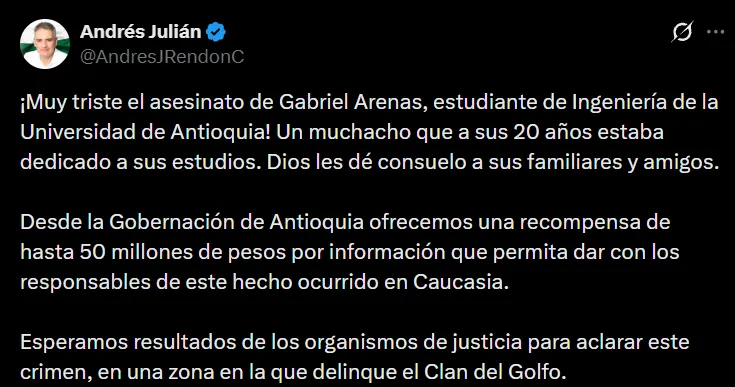 Hallaron el cuerpo de Gabriel Arenas estudiante de la UdeA desaparecido 
