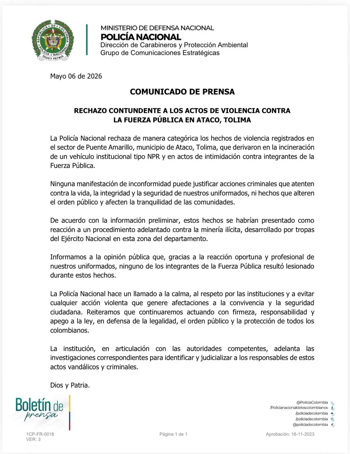 Policía rechazó violencia en Puente Amarillo, Ataco, tras asonada en Tolima