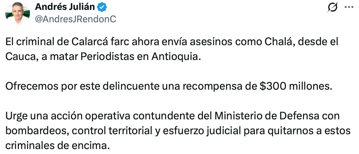 Gobernador de Antioquia anunció recompensa tras presunto asesinato del periodista Mateo Pérez Rueda
