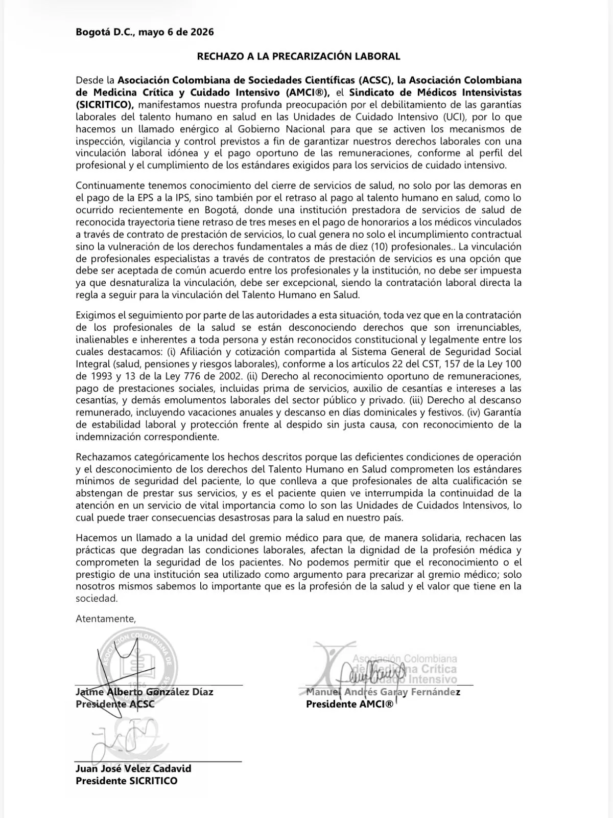 Gremios médicos advirtieron sobre precarización laboral en UCI y pidieron intervención del Gobierno Nacional