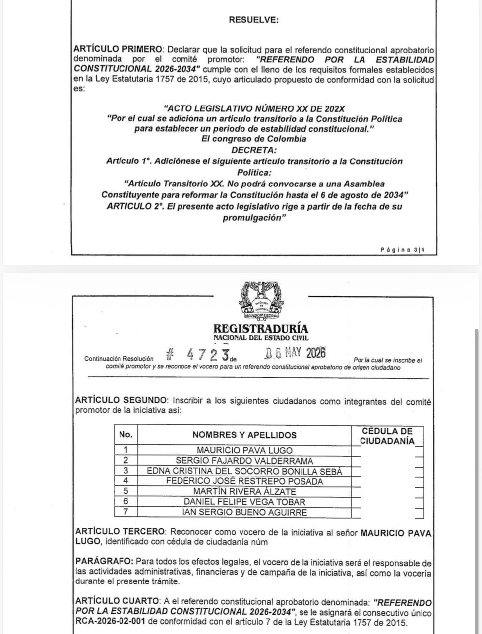 Registraduría inscribió comité promotor de referendo que busca impedir una Constituyente