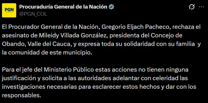 “Estas acciones no tienen ninguna justificación”: Procurador rechazó asesinato de la concejal Mileydy Villada González

