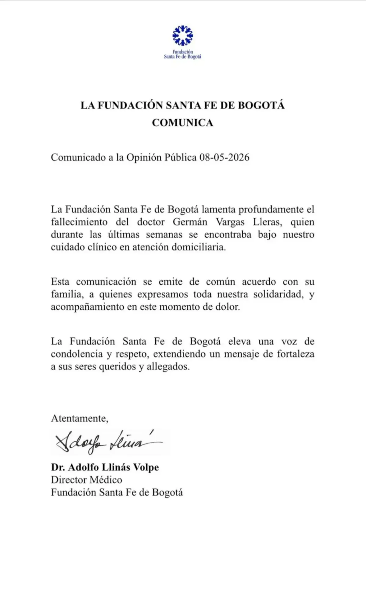 Esto dijo el comunicado de la Fundación Santa Fe tras el fallecimiento del exvicepresidente de Colombia Germán Vargas Lleras