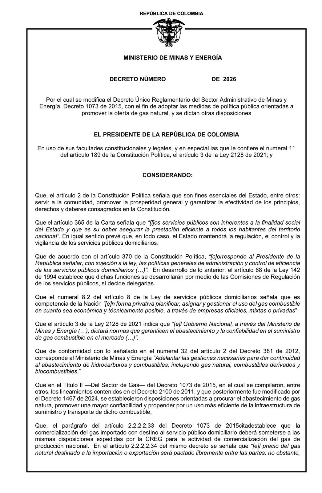 Ministerio de Minas publicó proyecto para frenar la especulación en el mercado del gas natural
