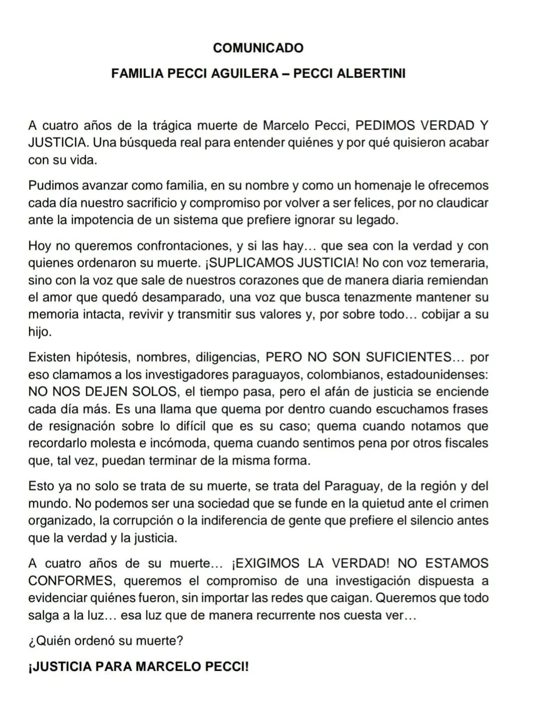 Familia de Marcelo Pecci insistió en conocer quién ordenó su asesinato a cuatro años del crimen