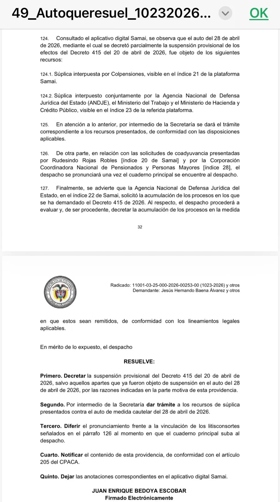 Consejo de Estado suspendió provisionalmente decreto sobre traslado de recursos de fondos privados a Colpensiones