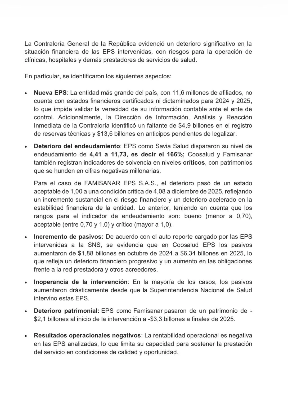 Contraloría advirtió deterioro financiero y riesgos en EPS intervenidas por la Superintendencia de Salud