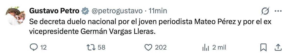 ATENCIÓN: Presidente Petro decretó duelo nacional por la muerte de Mateo Pérez y Germán Vargas Lleras