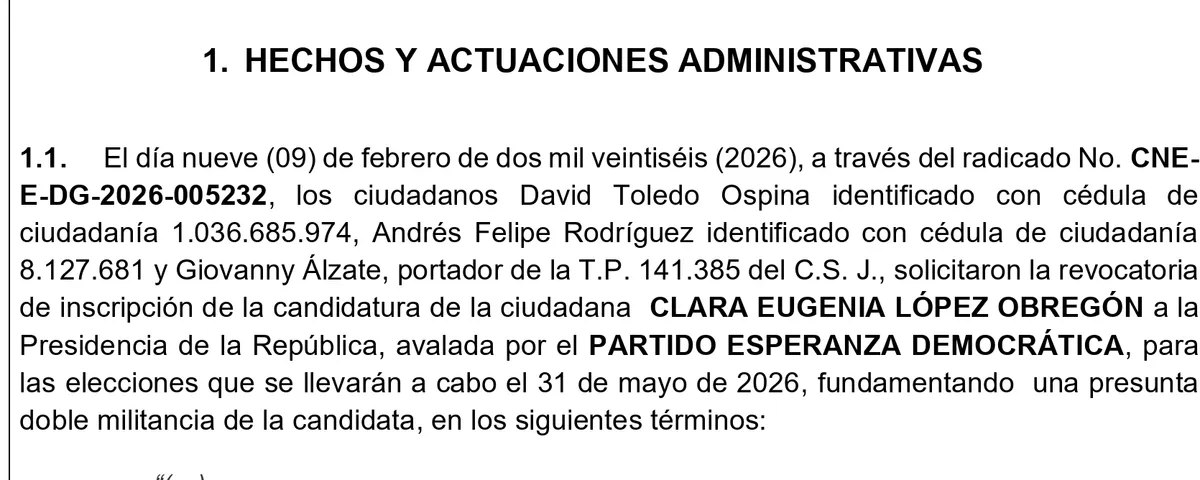 Clara López renunció a candidatura presidencial antes de decisión del CNE; la revocatoria había sido solicitada por el concejal Andrés Rodríguez “El Gury” y los excandidatos David Toledo y Laura Gallego