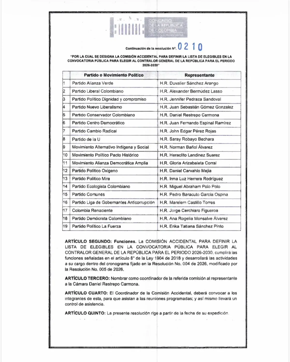 Congreso conformó comisión accidental para elegir al próximo Contralor General 2026-2030