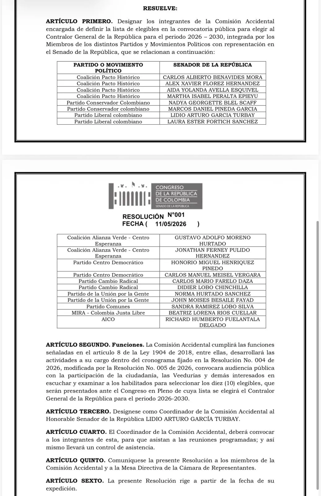 Congreso conformó comisión accidental para elegir al próximo Contralor General 2026-2030