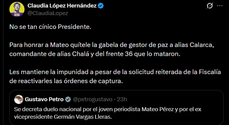 Claudia López aseguró que Gustavo Petro buscaría incluir un “articulito” para la reelección presidencial