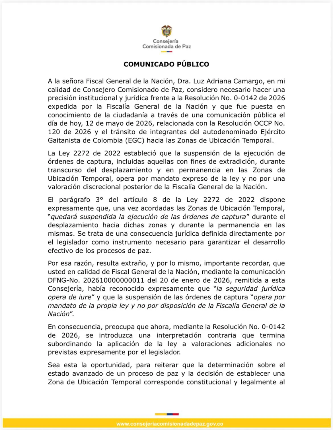 Otty Patiño cuestionó resolución de la Fiscalía sobre traslado de integrantes del EGC a zonas de ubicación temporal