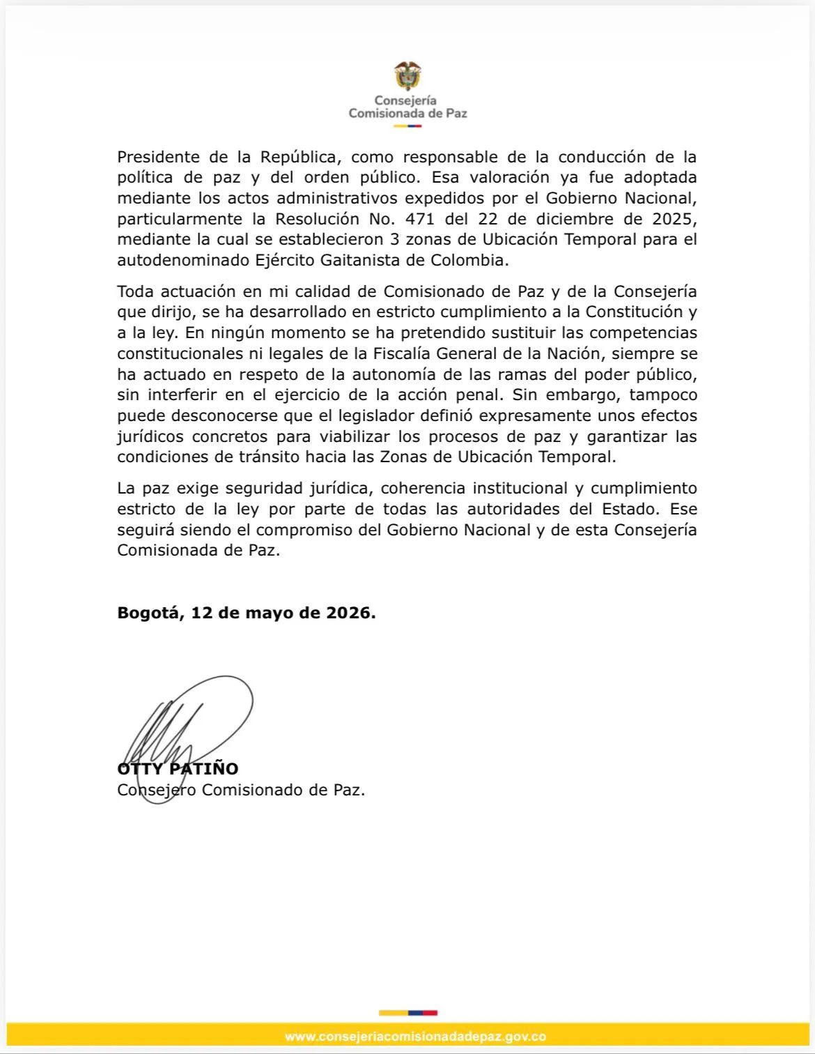 Otty Patiño cuestionó resolución de la Fiscalía sobre traslado de integrantes del EGC a zonas de ubicación temporal