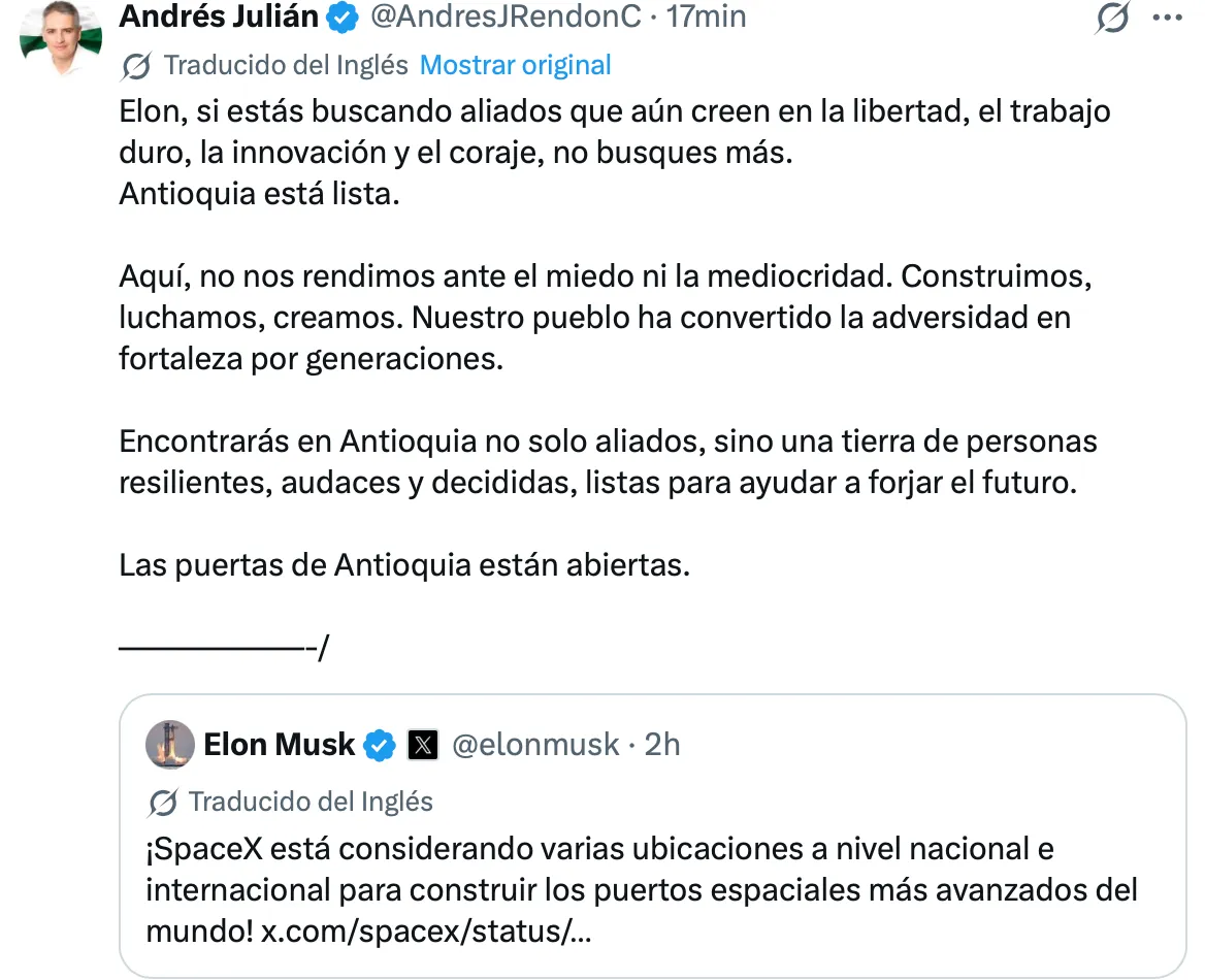 Andrés Julián Rendón le abrió las puertas de Antioquia a Elon Musk tras anuncio de expansión de SpaceX