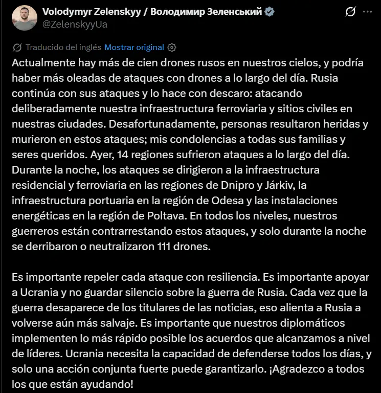 Zelenski denunció un nuevo ataque masivo ruso con más de cien drones sobre Ucrania
