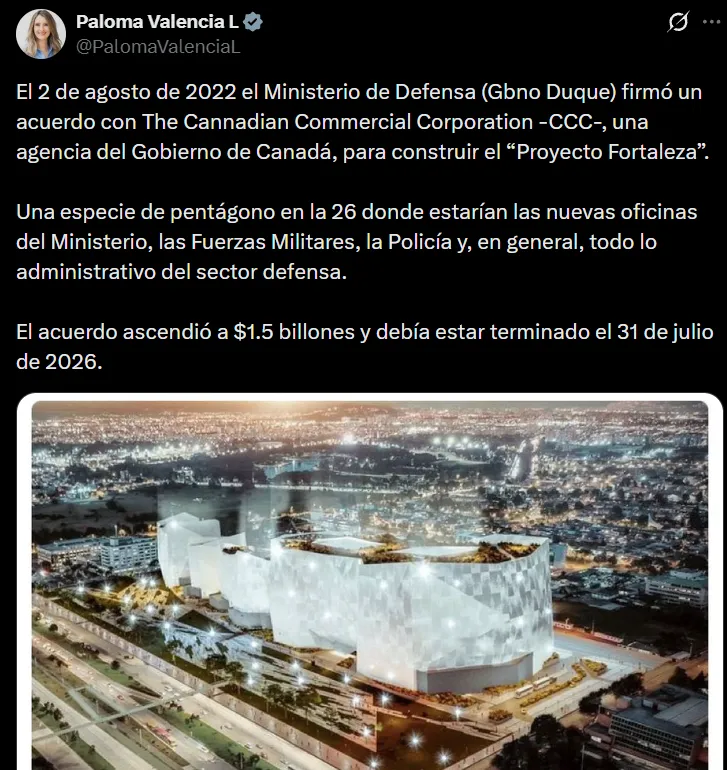 Paloma Valencia denunció presuntas irregularidades en contrato del “Proyecto Fortaleza” del Ministerio de Defensa Velásquez
