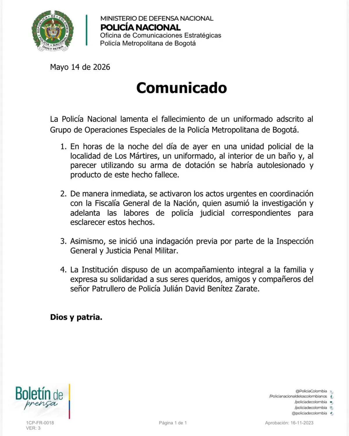Patrullero de la Policía murió en una unidad de Los Mártires; Fiscalía asumió investigación