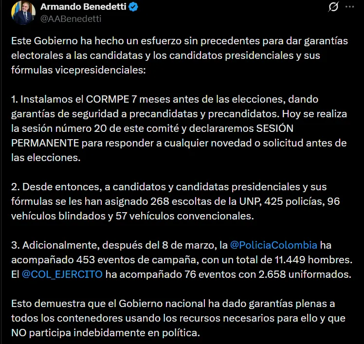 Benedetti aseguró que el Gobierno nacional ha dado garantías plenas a todos los candidatos 

