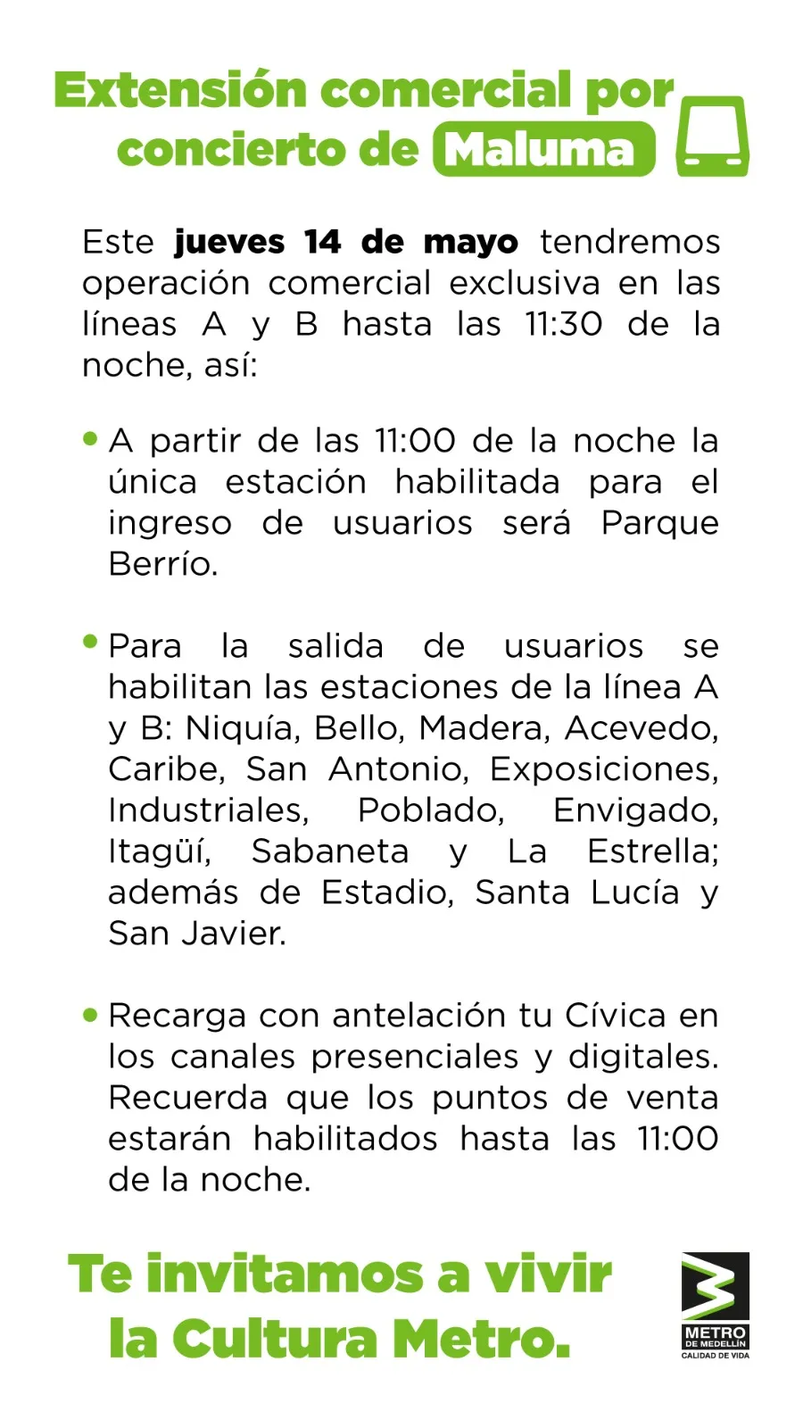 Metro de Medellín extiende operación por concierto de Maluma y ajusta ingreso de usuarios en la noche del 14 de mayo