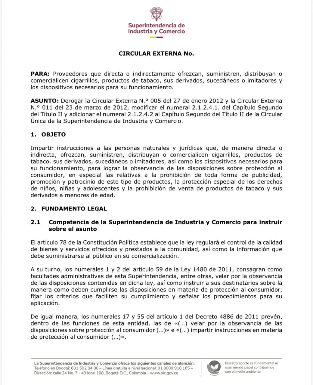 SIC expidió circular sobre comercialización y publicidad de productos de tabaco y dispositivos relacionados