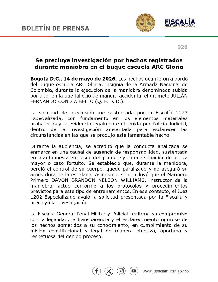 Justicia Penal Militar archivó proceso por fallecimiento de grumete en el ARC Gloria en el río Magdalena