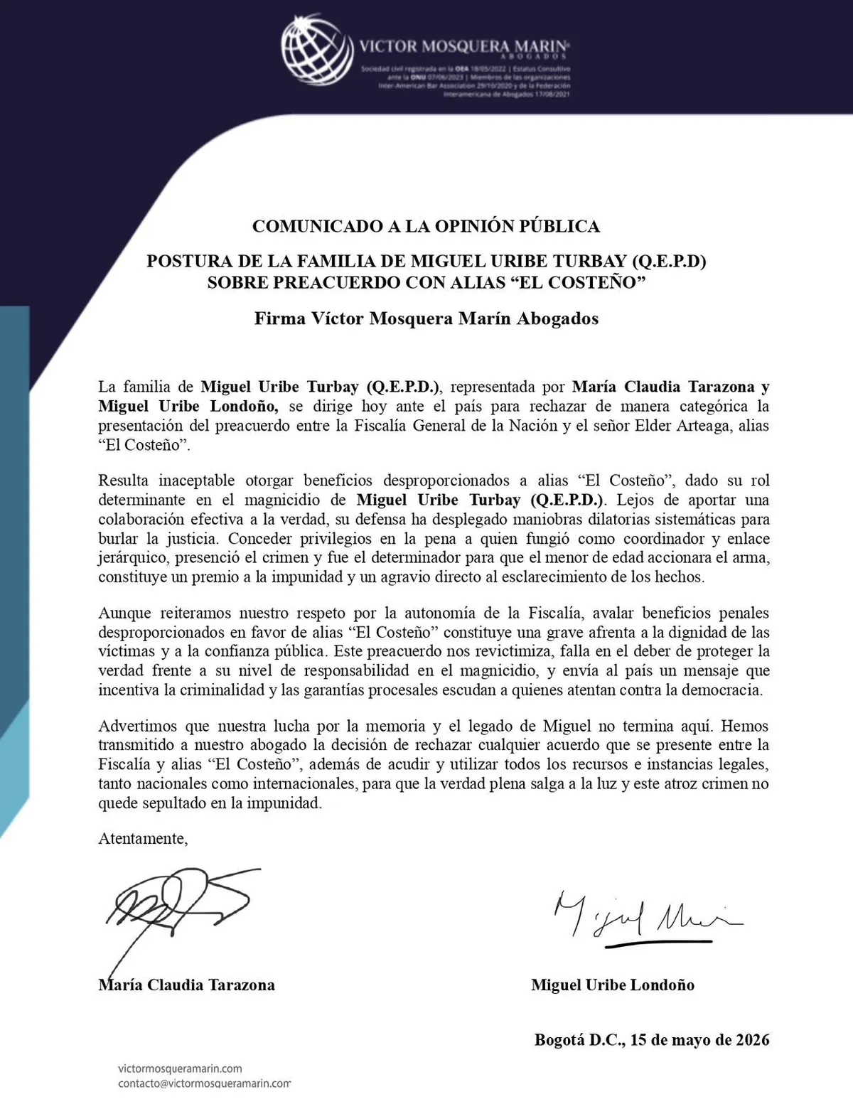 Familia de Miguel Uribe Turbay rechazó preacuerdo entre la Fiscalía y alias “El Costeño”