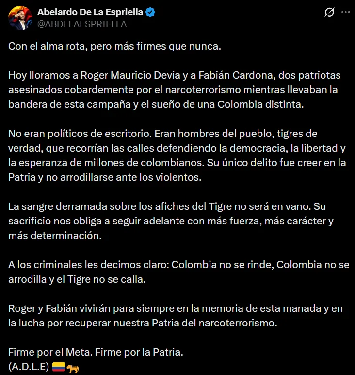 Abelardo De La Espriella rechazó el asesinato de dos integrantes de su campaña en el Meta

