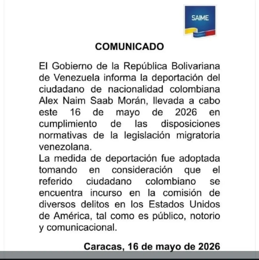Venezuela deporta a Alex Saab a Estados Unidos y le retira la nacionalidad venezolana