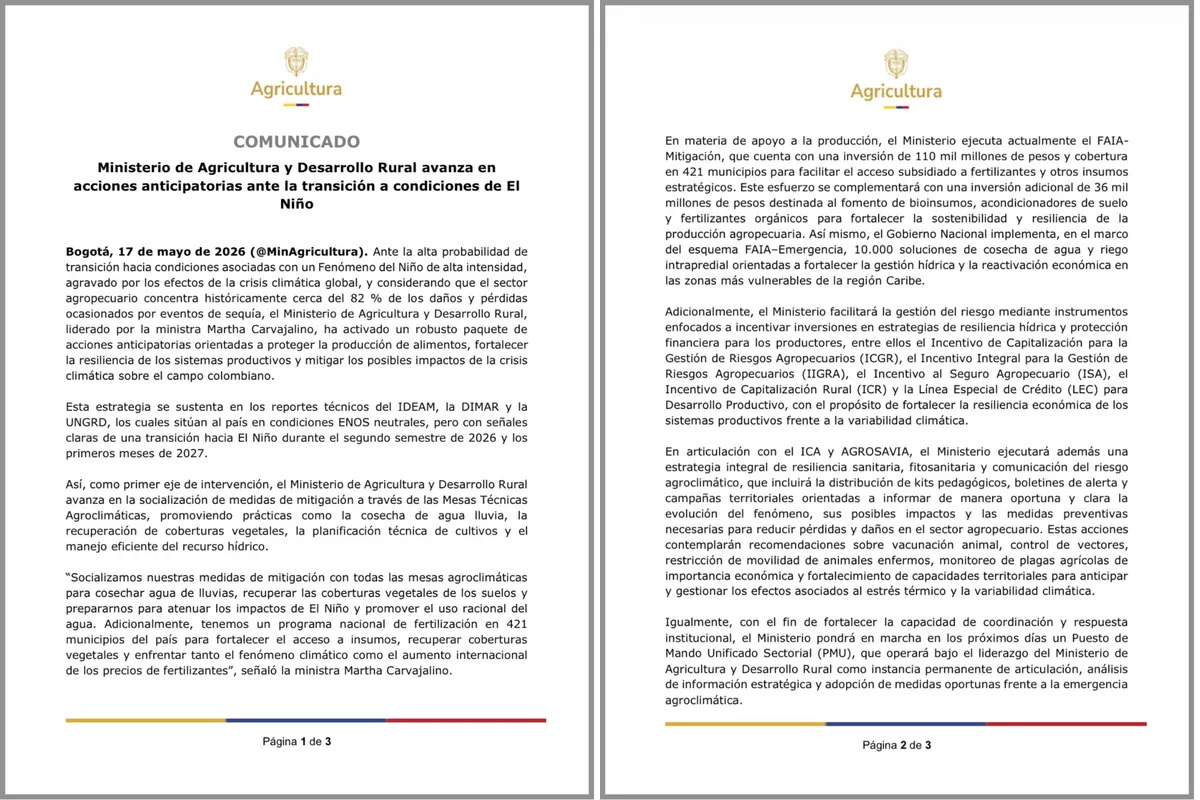 Gobierno destinará $146.000 millones para mitigar impactos del fenómeno de El Niño en el campo colombiano