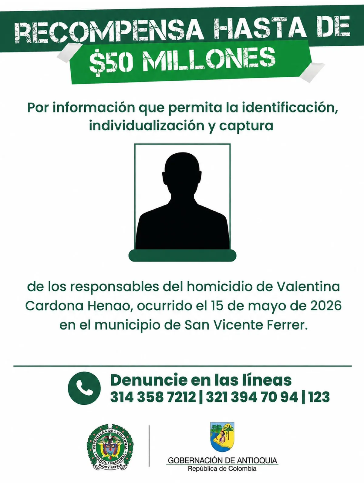 Gobernación de Antioquia ofreció recompensa de hasta $50 millones por información sobre homicidio de Valentina Cardona Henao
