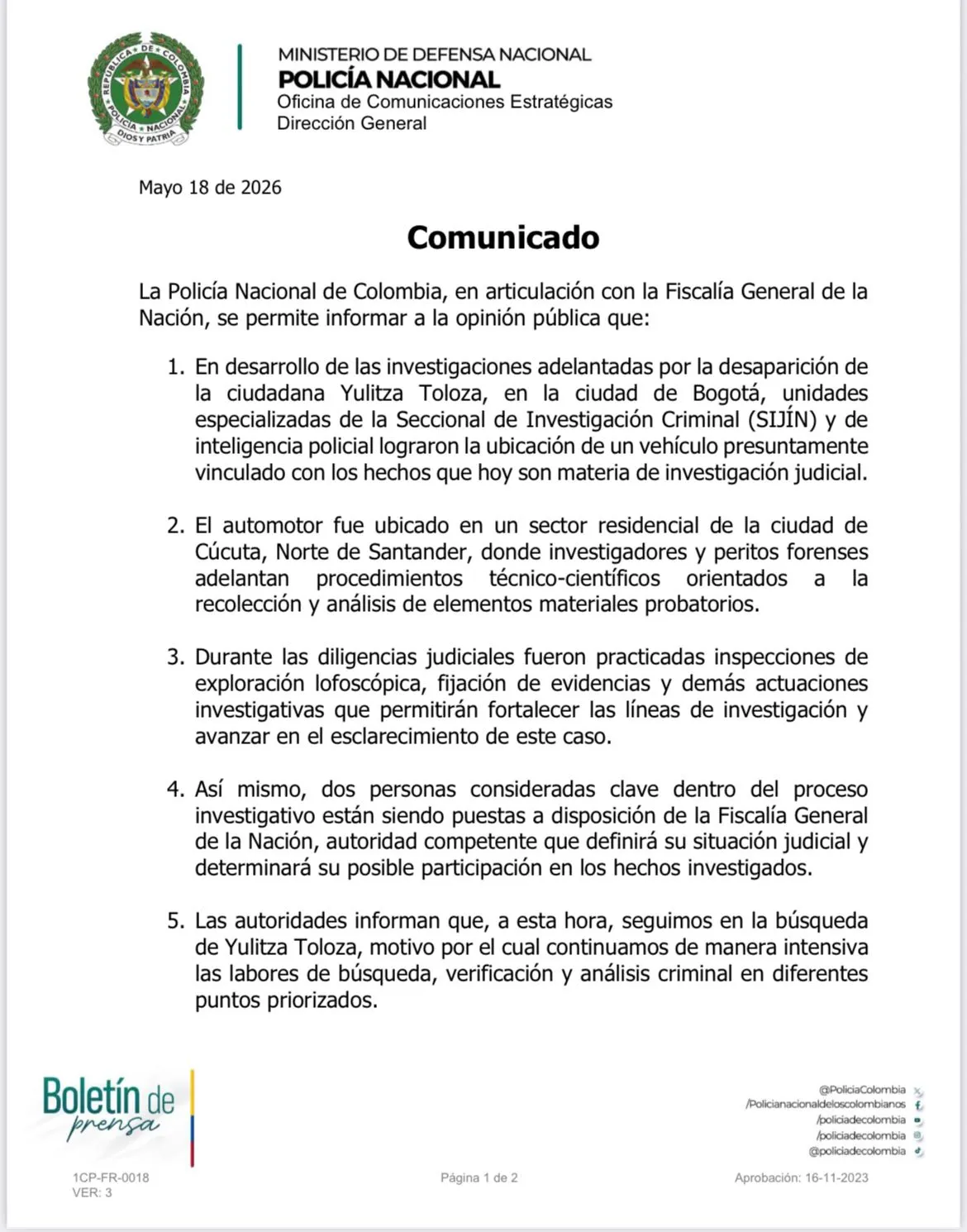 Policía y Fiscalía ubicaron vehículo relacionado con investigación por desaparición de Yulitza Toloza