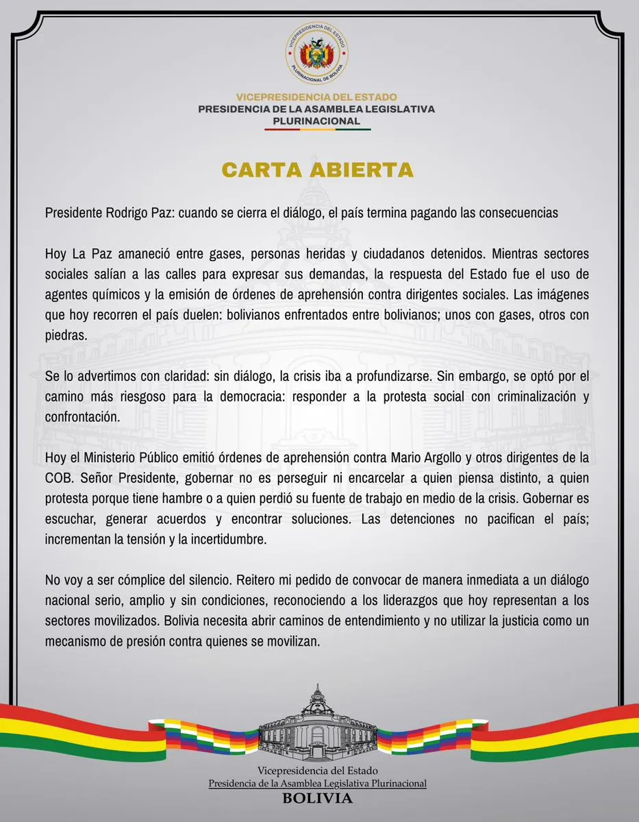 Vicepresidencia de Bolivia pide diálogo nacional tras disturbios y detenciones en La Paz