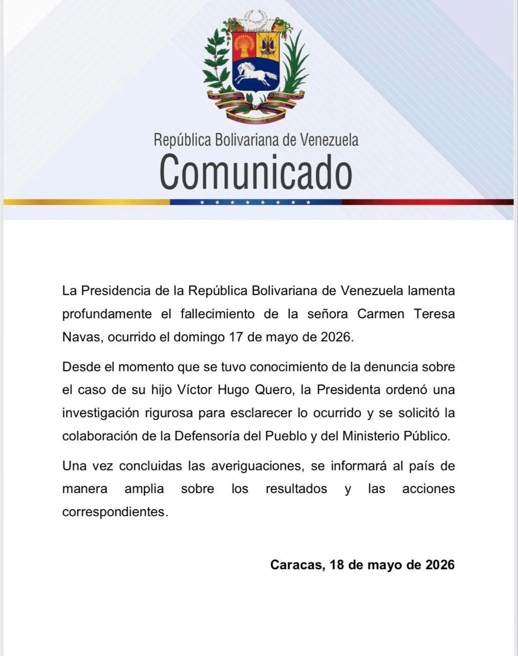Presidencia de Venezuela confirmó fallecimiento de Carmen Teresa Navas y anunció investigación sobre denuncia vinculada a su hijo
