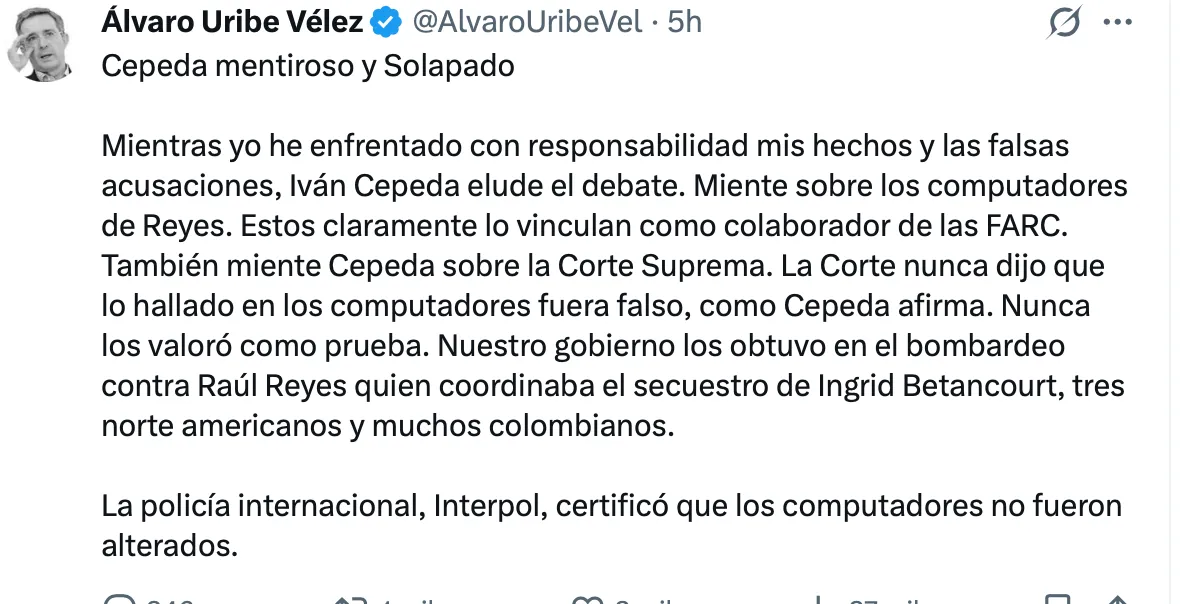Uribe arremetió contra Iván Cepeda y lo acusó de mentir sobre los computadores de Raúl Reyes