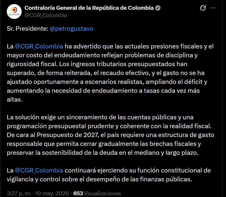 Contraloría le respondió a Petro críticas a cuestionamientos hechos a MinHacienda por manejo de deuda pública 