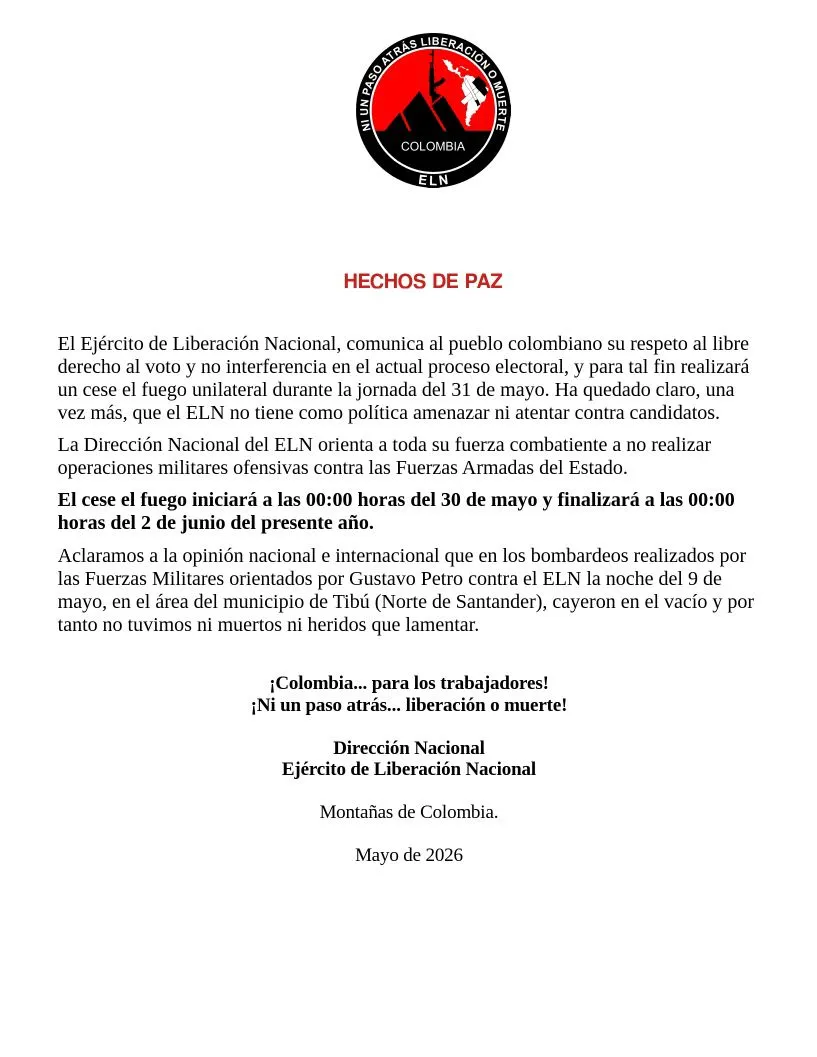 ELN anunció cese al fuego unilateral durante jornada electoral del 31 de mayo