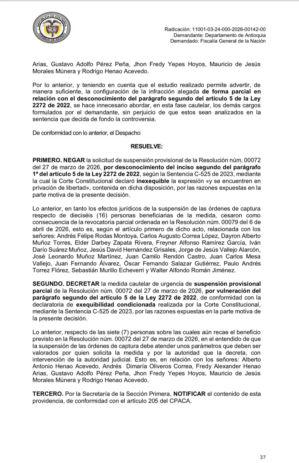 Consejo de Estado frenó beneficios a cabecillas y Federico Gutiérrez cuestionó al Gobierno Petro
