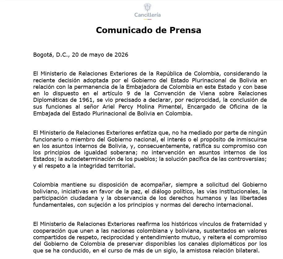 Colombia respondió a Bolivia y retiró funciones al encargado diplomático boliviano en Bogotá