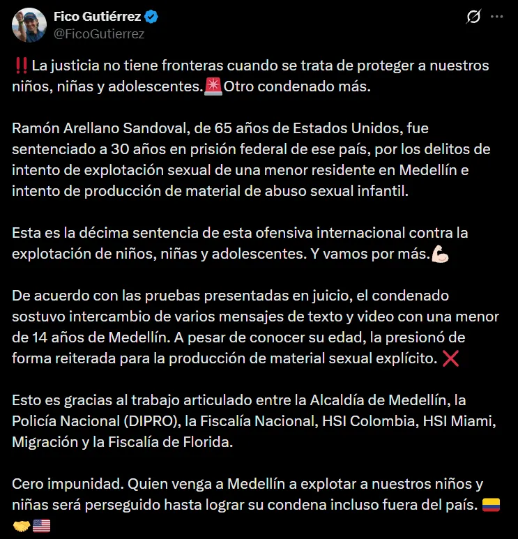 Hombre fue condenado en Estados Unidos por intento de explotación sexual de menor en Medellín