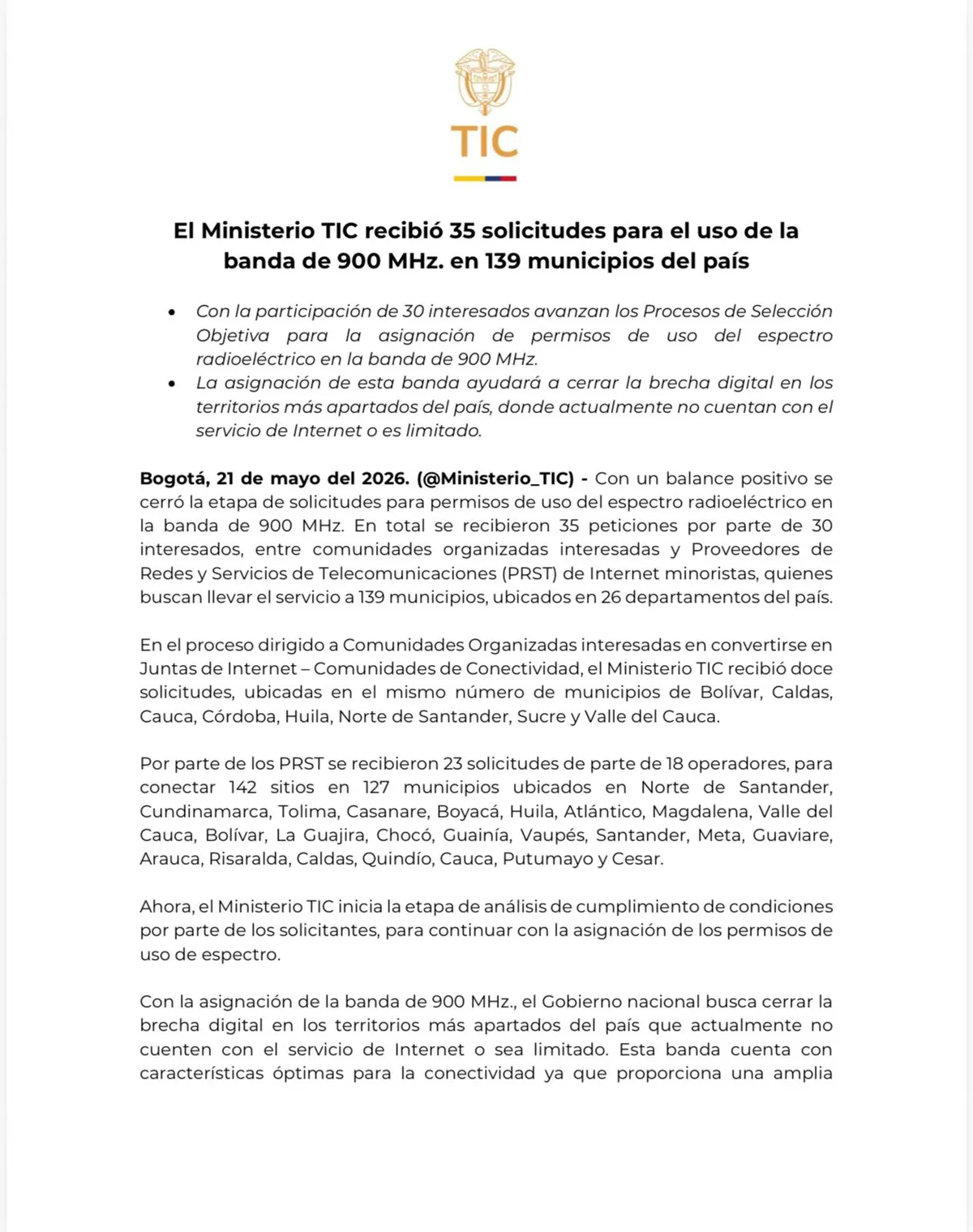 Ministerio TIC recibió 35 solicitudes para uso de la banda de 900 MHz en 139 municipios
