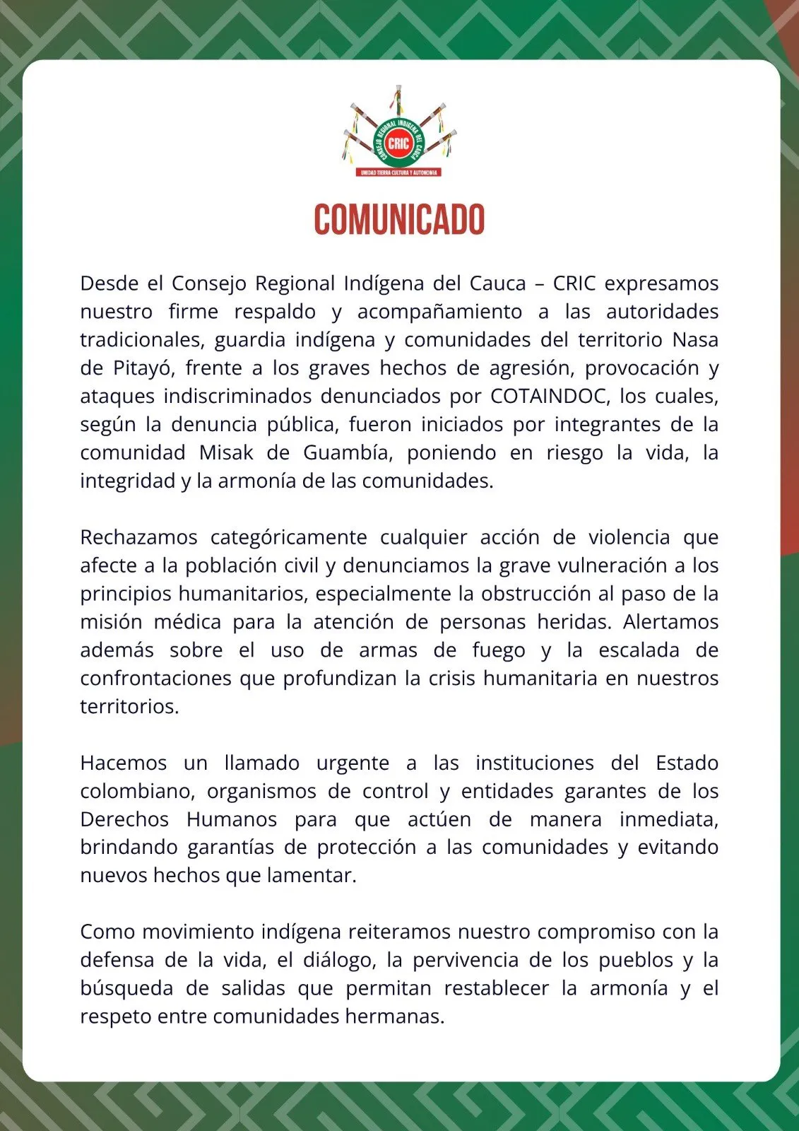 Defensoría del Pueblo pidió diálogo urgente tras hechos violentos entre comunidades Misak y Nasa en Cauca