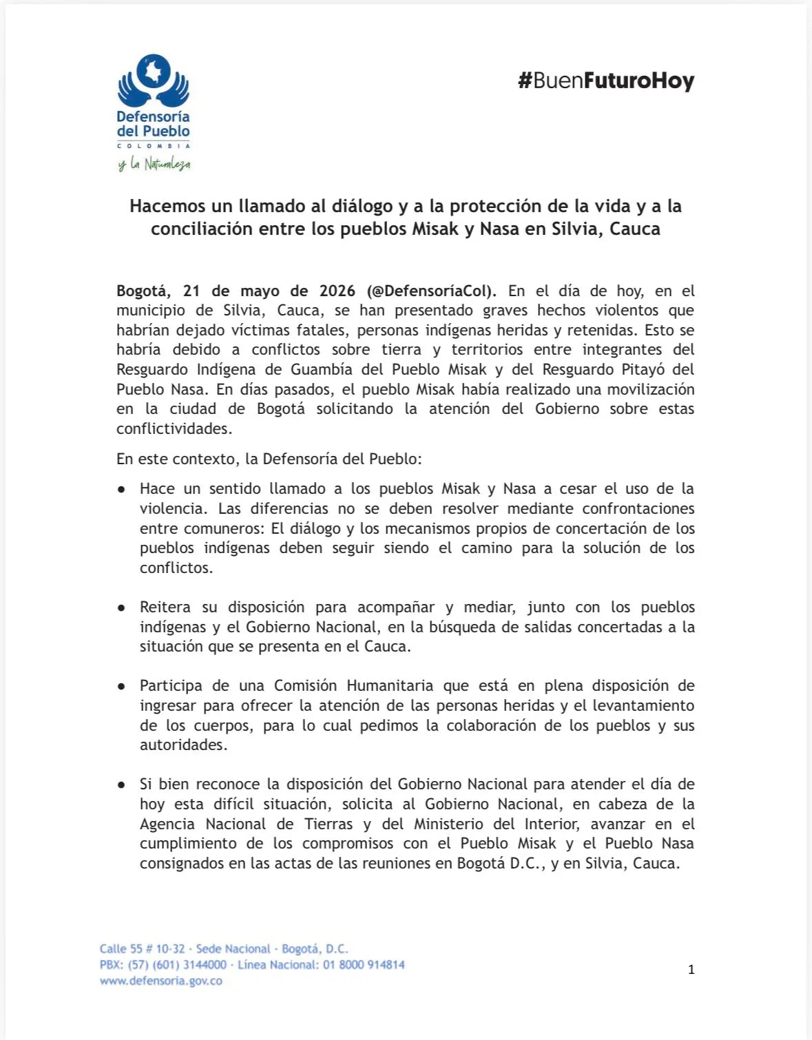 Defensoría del Pueblo pidió diálogo urgente tras hechos violentos entre comunidades Misak y Nasa en Cauca